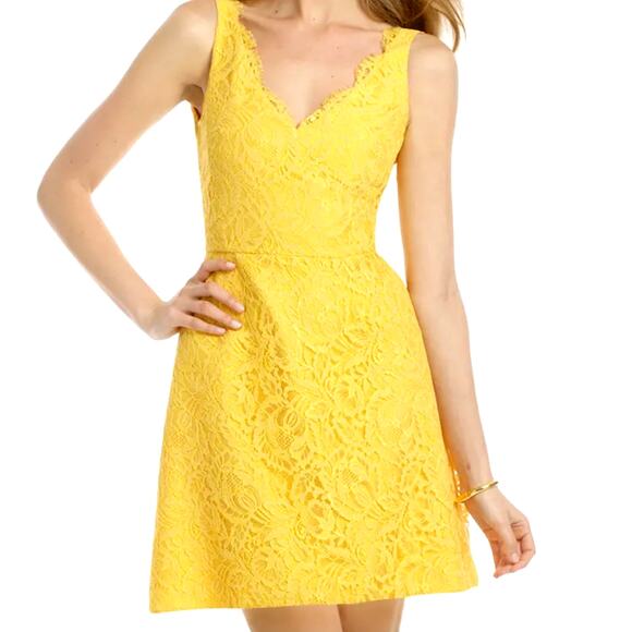 ML Monique Lhuillier Ever After Dress Bright Yellow Floral Lace w/ Pockets Sz 10 - Picture 1 of 12